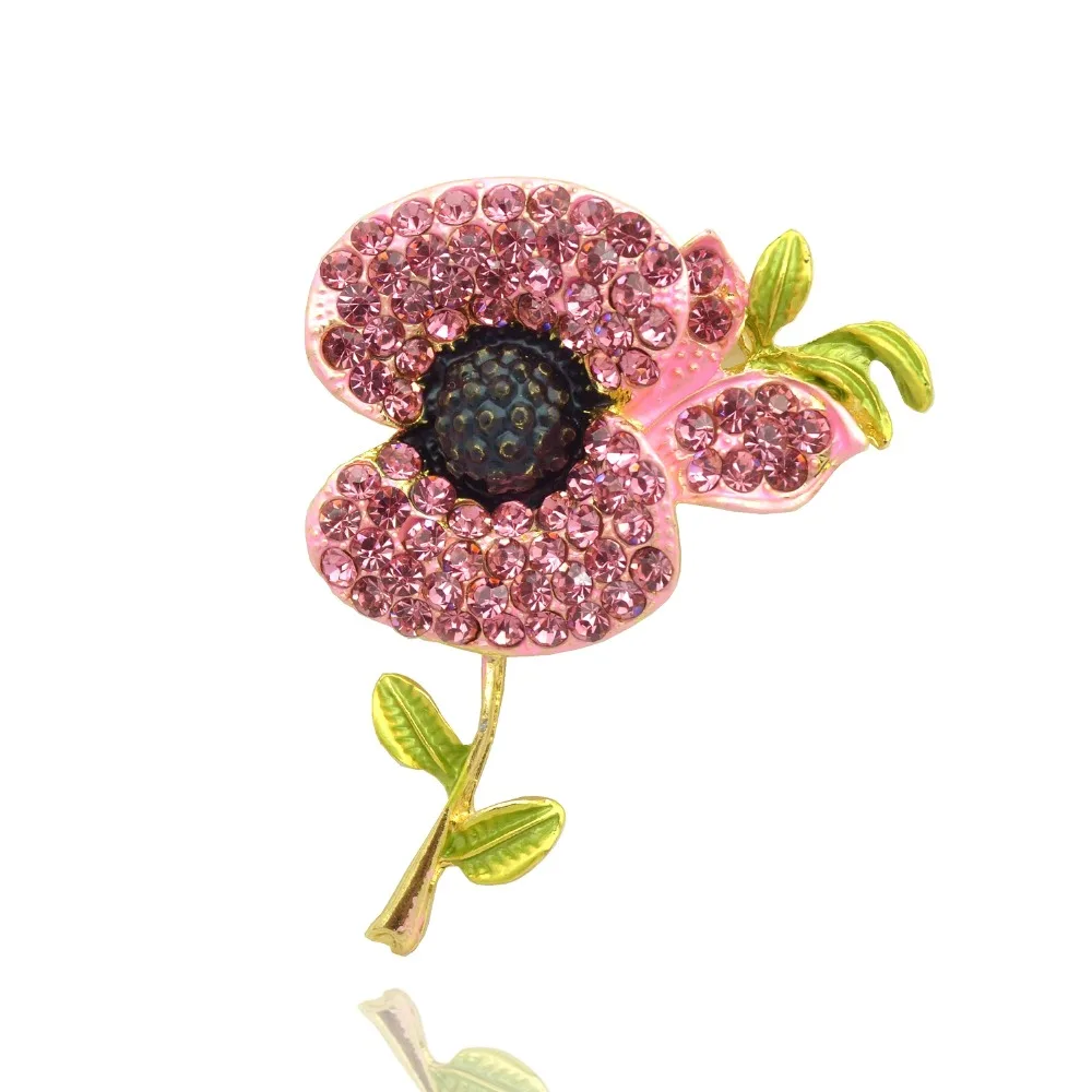 

Pink Enamel and Rhinestone Crystal Diamante Poppy Brooch with Leaf
