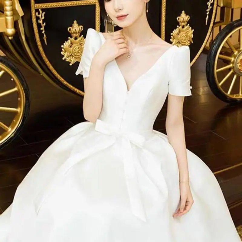 Classic V-neck Bridal Dresses 2024 New Satin Wedding Dress  With Sweet Bow Belt Simple Long A-line Evening Dress Customized 3