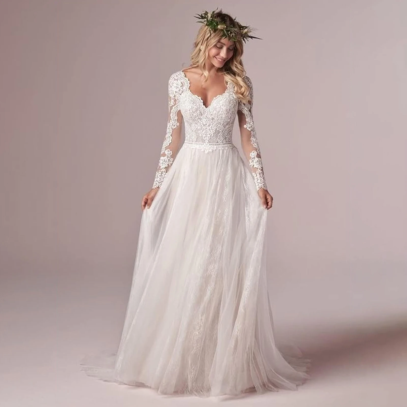 

Lace A Line Wedding Dresses for Women Elegant Long Sleeve V Neck Bridal Gown with Train Button Tulle Vestidos De Novia