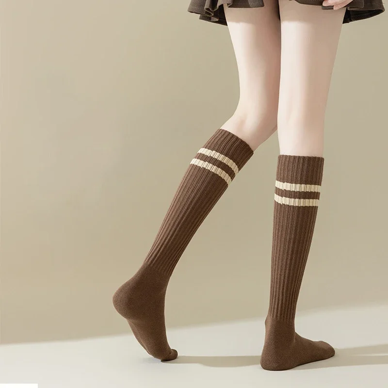 Girl Children's Calf Socks Autumn and Winter Thickened Mid-lenght Stockings Ins White Stripe Stockings