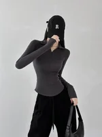 Zipper Polo Neck T Shirt for Women Plain Slim Spring Autumn Korean Clothing Woman Tshirt Luxury with Collar Synthetic Original - Image 4