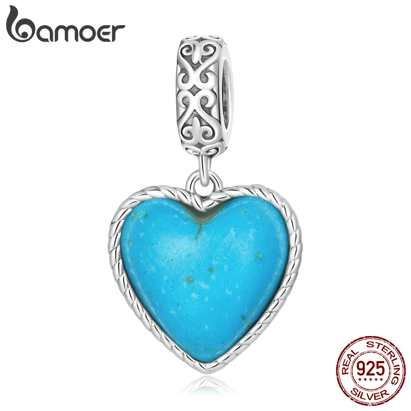 

Bamoer Blue Love Turquoise Pendant Genuine 925 Sterling Silver Heart Charm for Silver Bracelet & Bangle Fine Jewelry Making