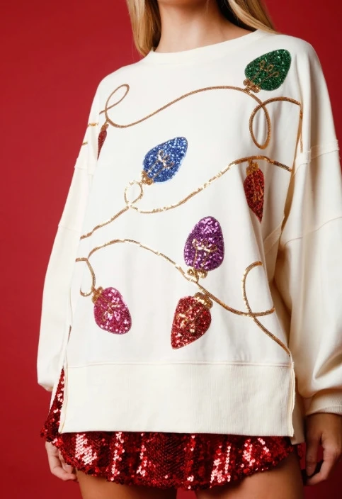 Women's Pullover Tops 2023 New Autumn Fashion Christmas Sequined Round Neck Long-Sleeved Pullover Loose Fitting Sweatshirt