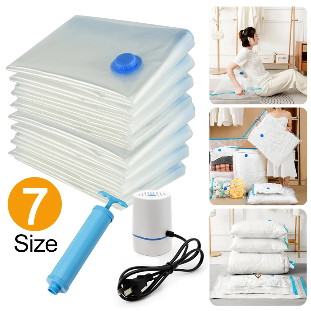 7 Sizes Reusable Vacuum Bags with Pump Cover Vacuum Compression Sealer