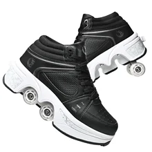 Outdoor Double Row Deform Kick Roller Skates That Turn into Rollerskates Sneakers Retractable 2 in1 Parkour Shoes with Wheels