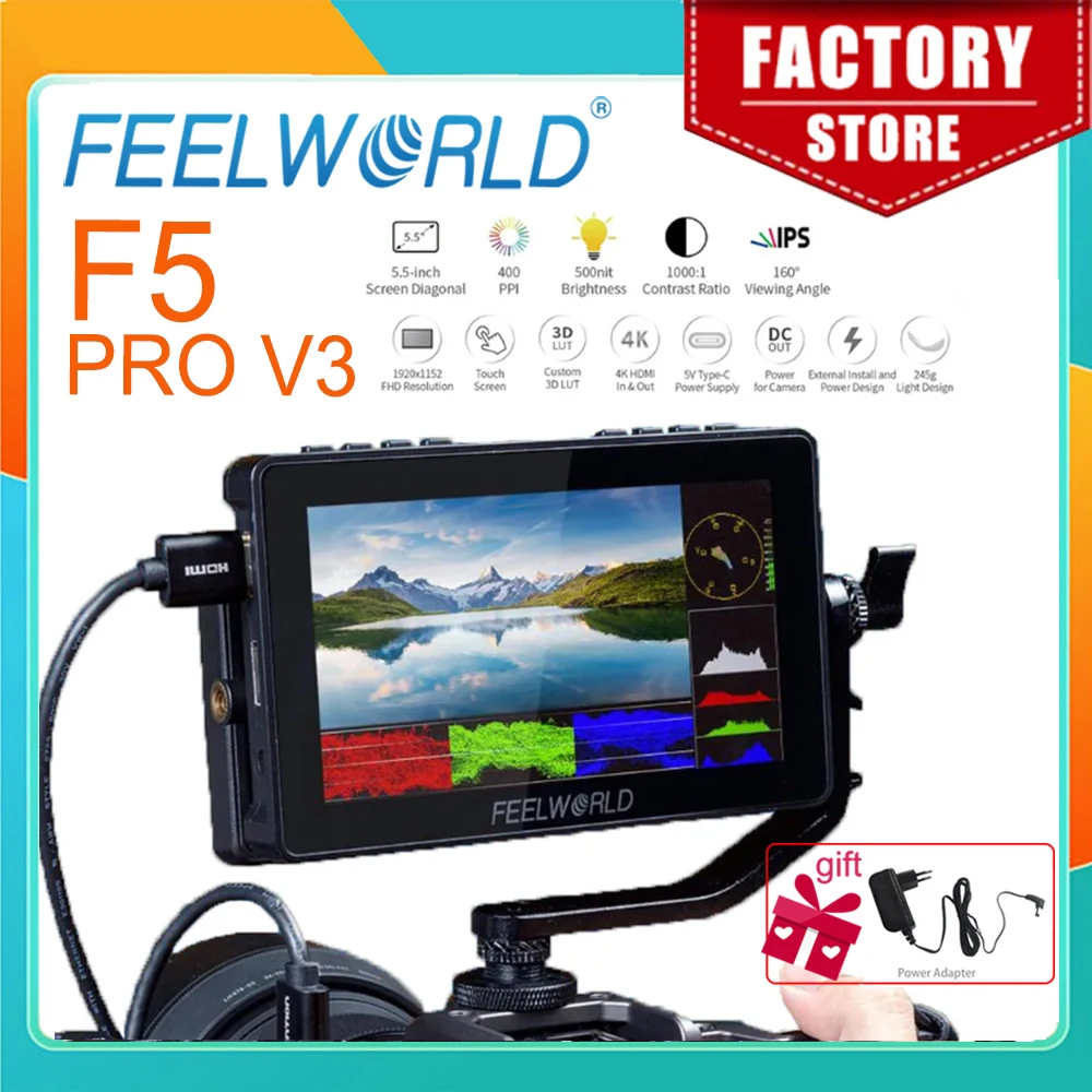 Feelworld 3D Lut Touch Screen F5 Pro V3 Monitor Da Campo Per Fotocamera Dslr Da 5.5 Pollici Uscita Di Ingresso Hdmi 4K Trasmissione Wireless Luce A Le