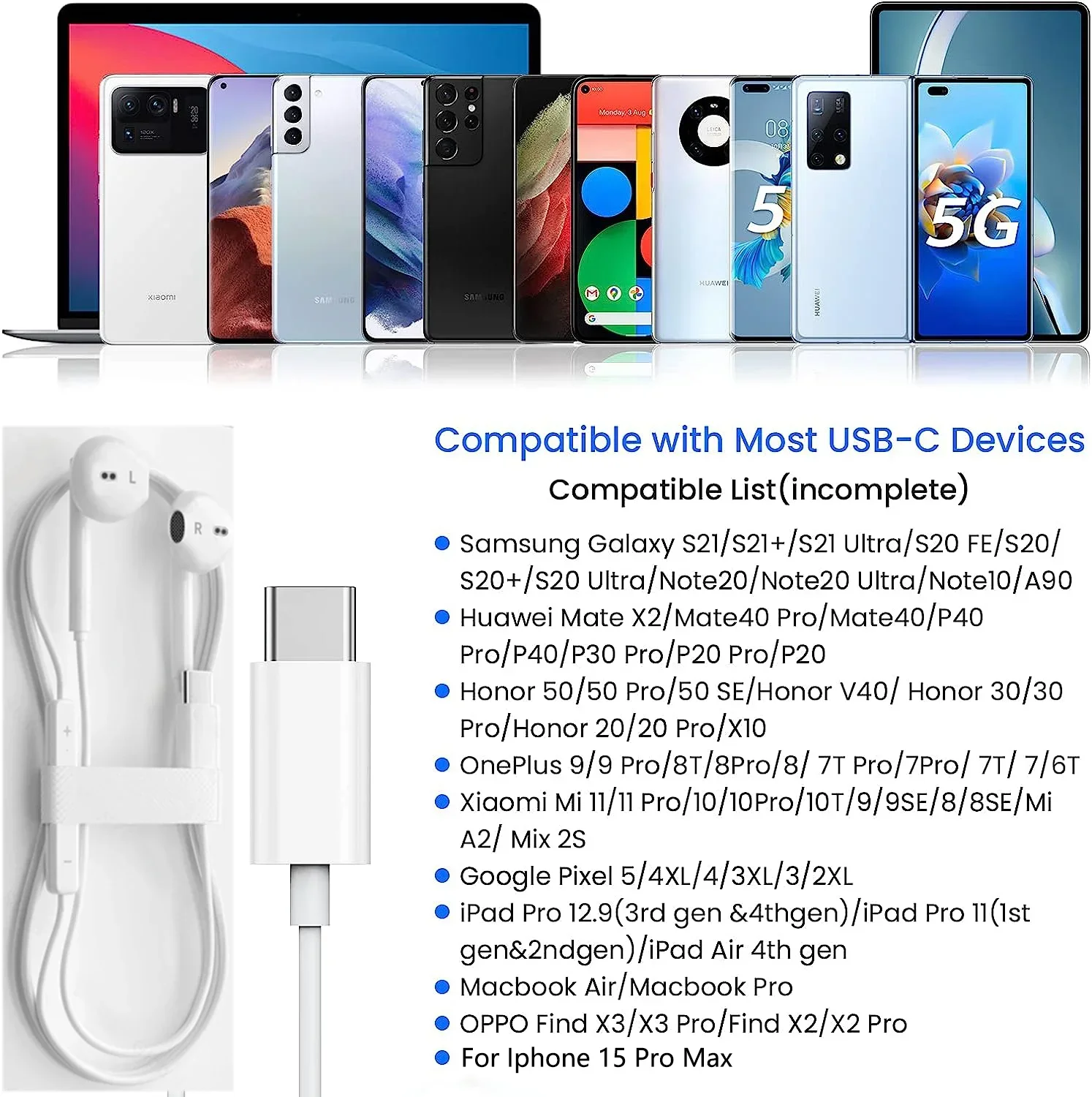 Cuffie originali per Apple iPhone 15 Pro Max In-Ear con microfono auricolare cablato per ipad Samsung Xiaomi 12 USB-C auricolari 6