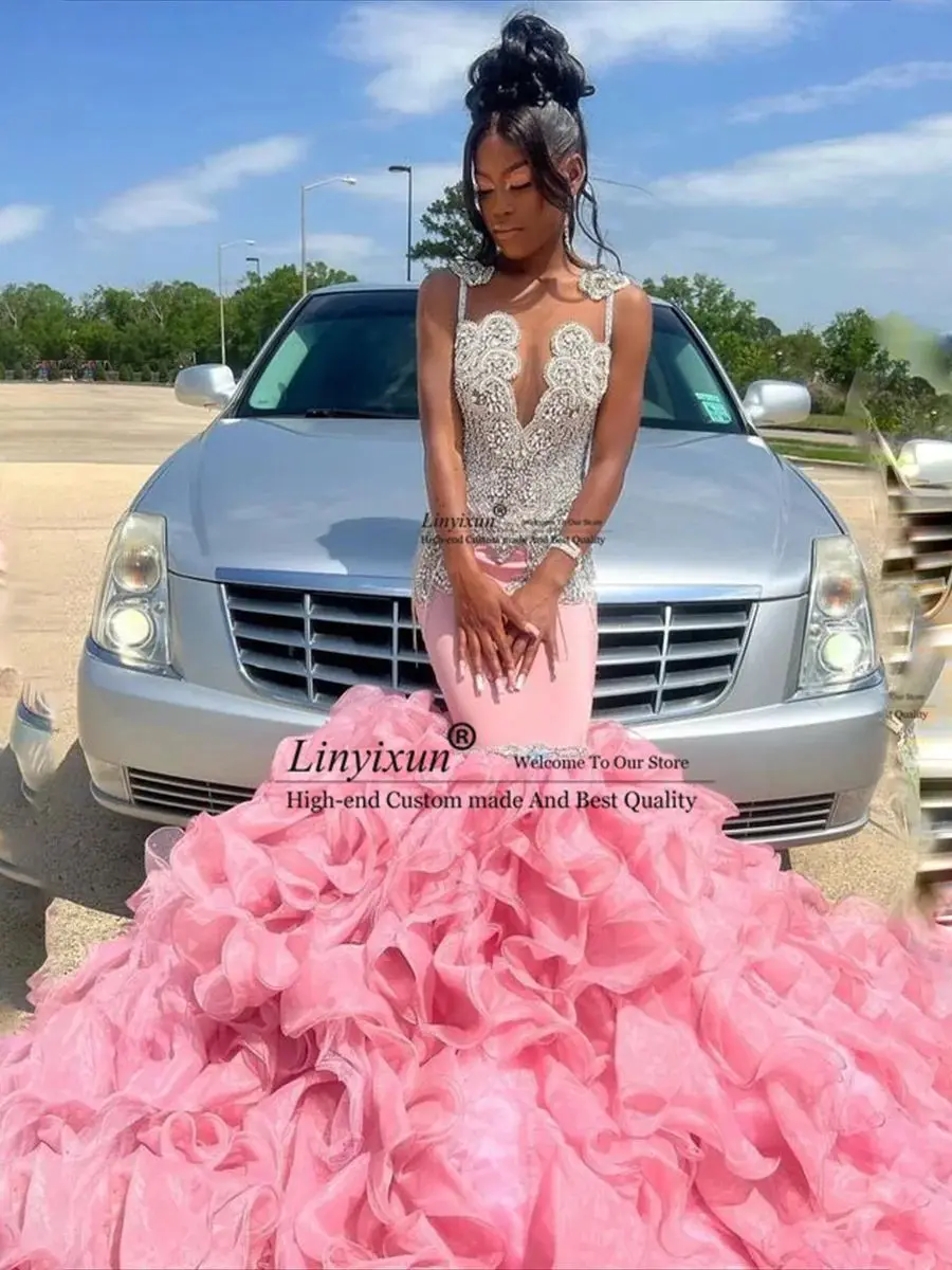 

Sweet Pink Diamonds Prom Dresses 2024 For Black Girls Crystal Beading Rhinestones Ruffles Birthday Party Dress Wedding Reception