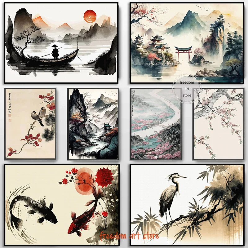 Chinese Landscape Couple Birds Forest Mountain River Koi Carp Fish Art Poster Canvas Painting Wall Art Prints Picture Home Decor 1
