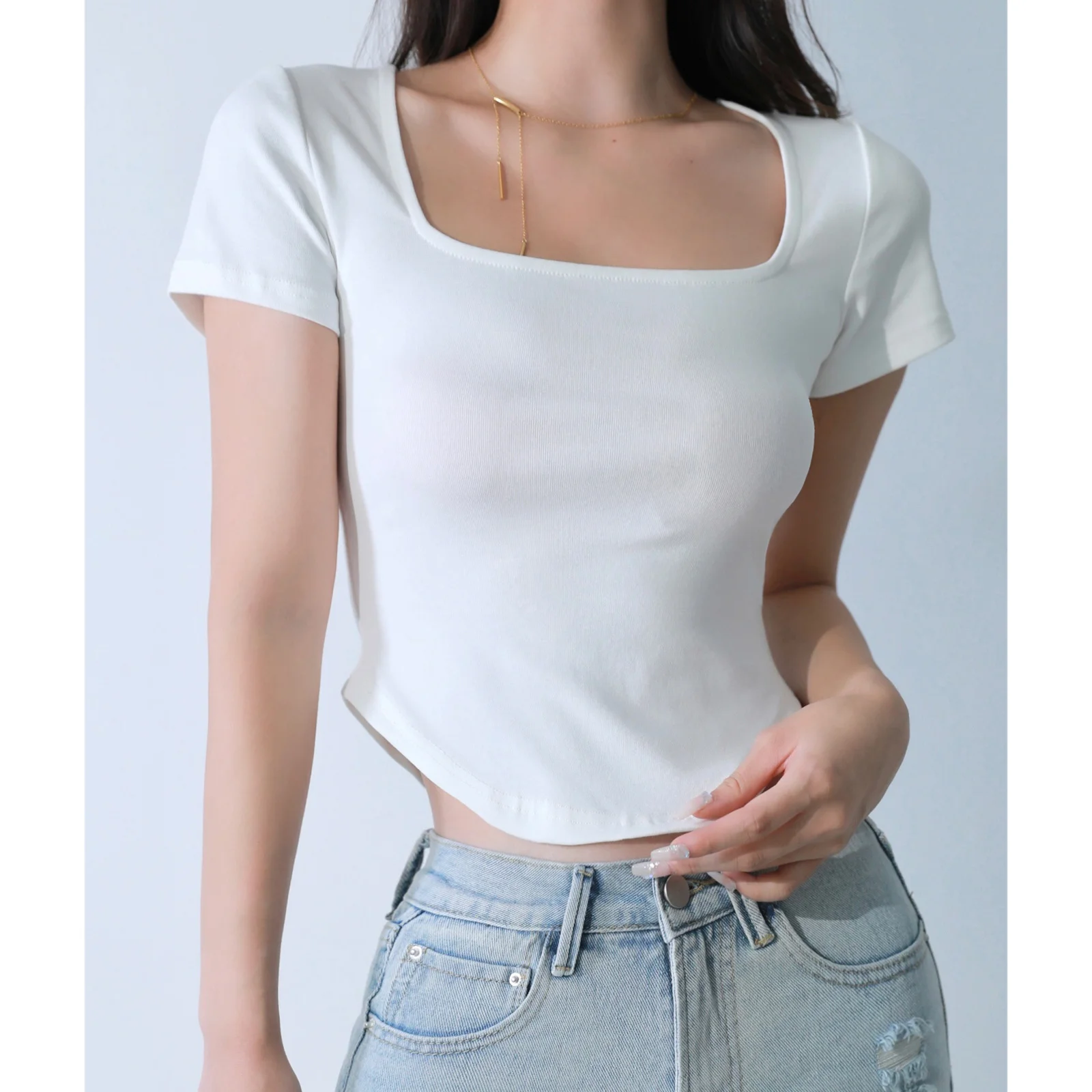 

Базовая облегающая футболка с квадратным вырезом и коротким рукавом для американских девушек, женский летний короткий топ, футболки K016