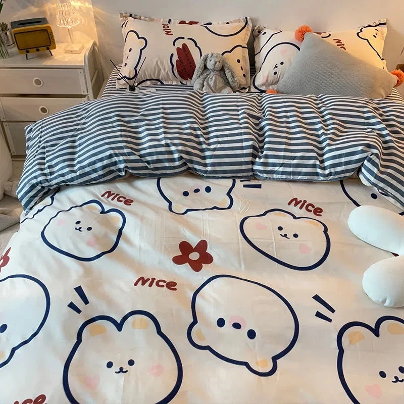 Cute Bear Bedding Set Fashion Cartoon Kids Boys Girls Single Double Flat Sheet Duvet Cover Pillowcase Bed Sheet Set 150x200