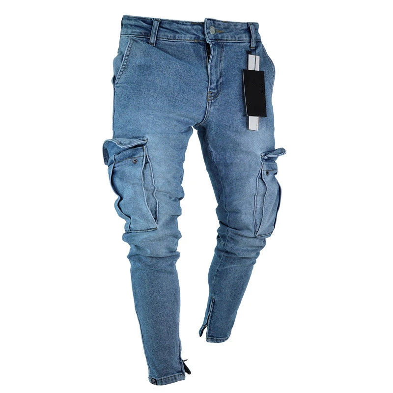 

Mens Jeans Denim Pocket Pants Summer Autumn Thin Slim Regular Fit Straight Jeans Elasticity Stretchy Male zipper trousers