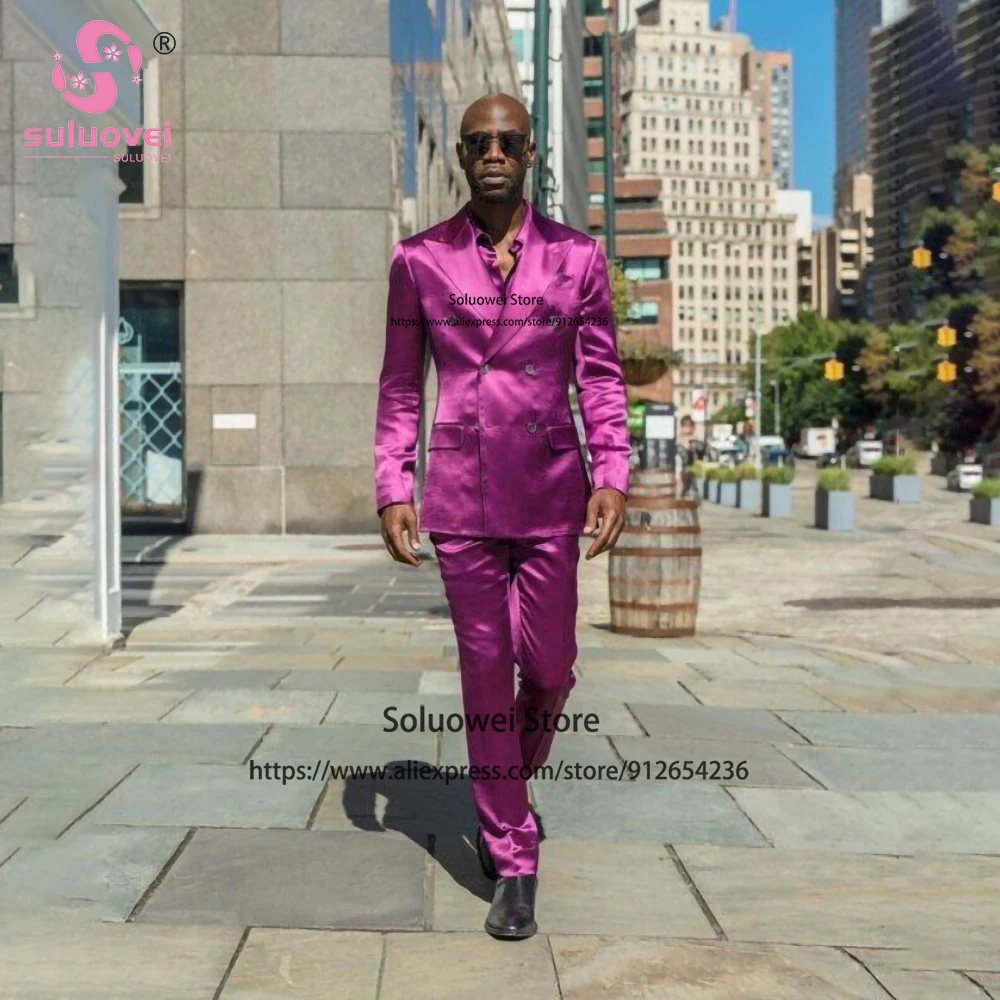 Fashion Satin Slim Fit Suits For Men 2 Piece Pants Set African Groom Wedding Peaked Lapel Tuxedo Blazer Terno Masculino Completo