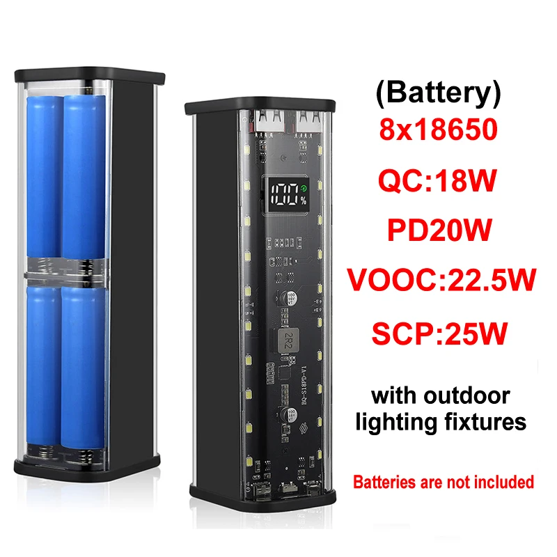 Battery Charger Power Bank Case PD 20W DIY for 8PCS 18650 Polymer 30000mA Battery