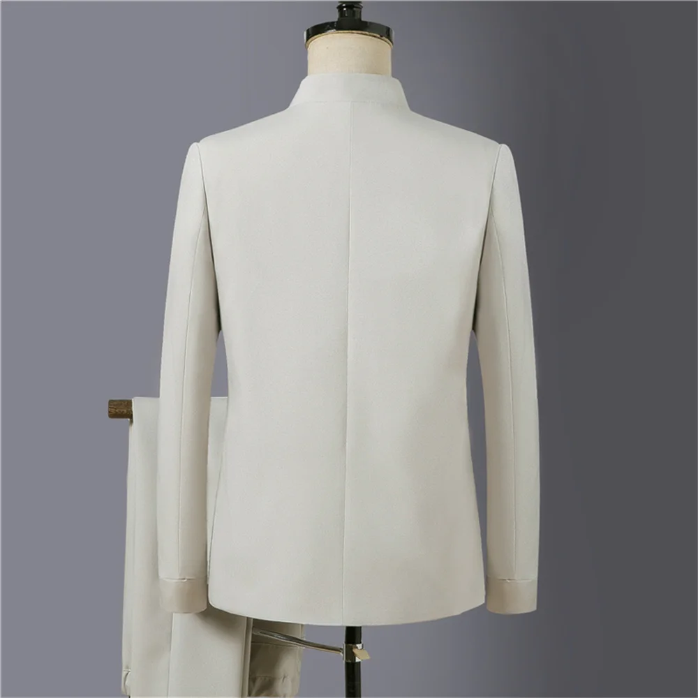 Fashion Male Suit 2023 New in Casual Jacket Pants 2 Pieces Sets Chinese Style Linen Stand Collar Letter Embroidery Pant Suits