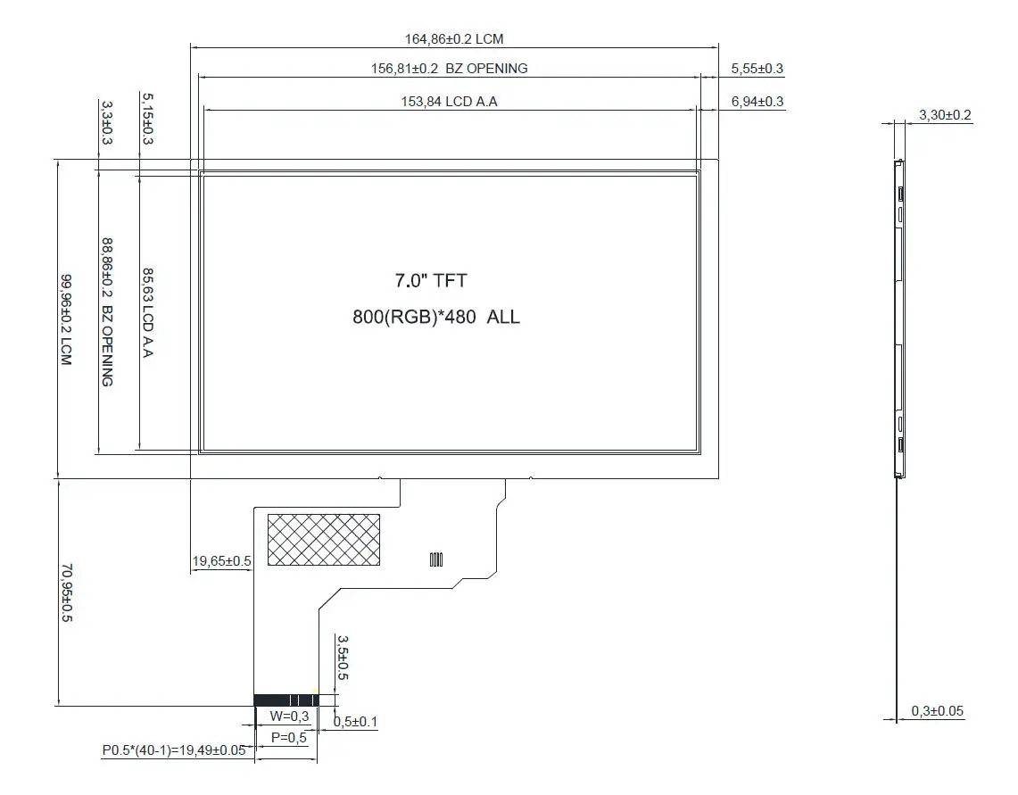 Wide Angle 7 inch 800x480 Color IPS TFT Display ST7277 Controller