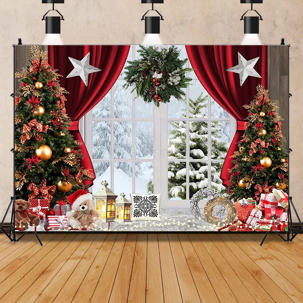 SHUOZHIKE Christmas Tree Flower Wreath Wooden Gift Photography Backdrop Window Snowman Cinema New Year Background Prop GH-79 photo backdrop photography auxiliary props