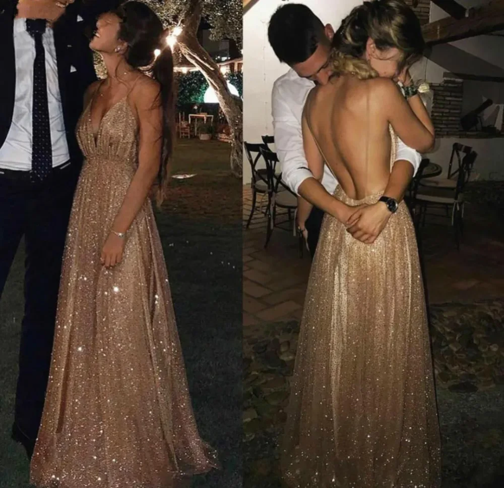 

Sexy Deep V-Neck A Line Prom Party Gown Floor-Length Sweep Train Sequined long Backless Plus Size Custom