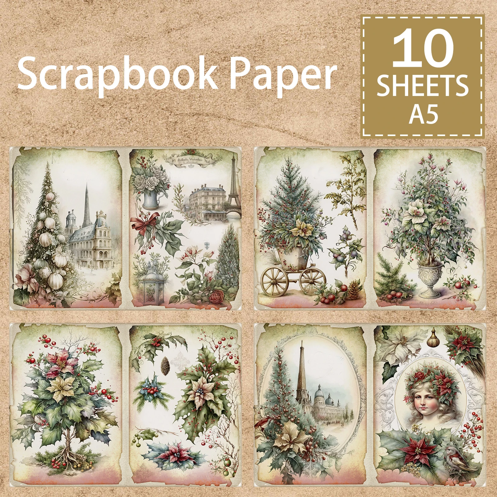 

10 Sheets A5 Size Christmas Tree Scene Woman and Girl Wearing Wreath Vintage Grunge Journal Planning Scrapbooking