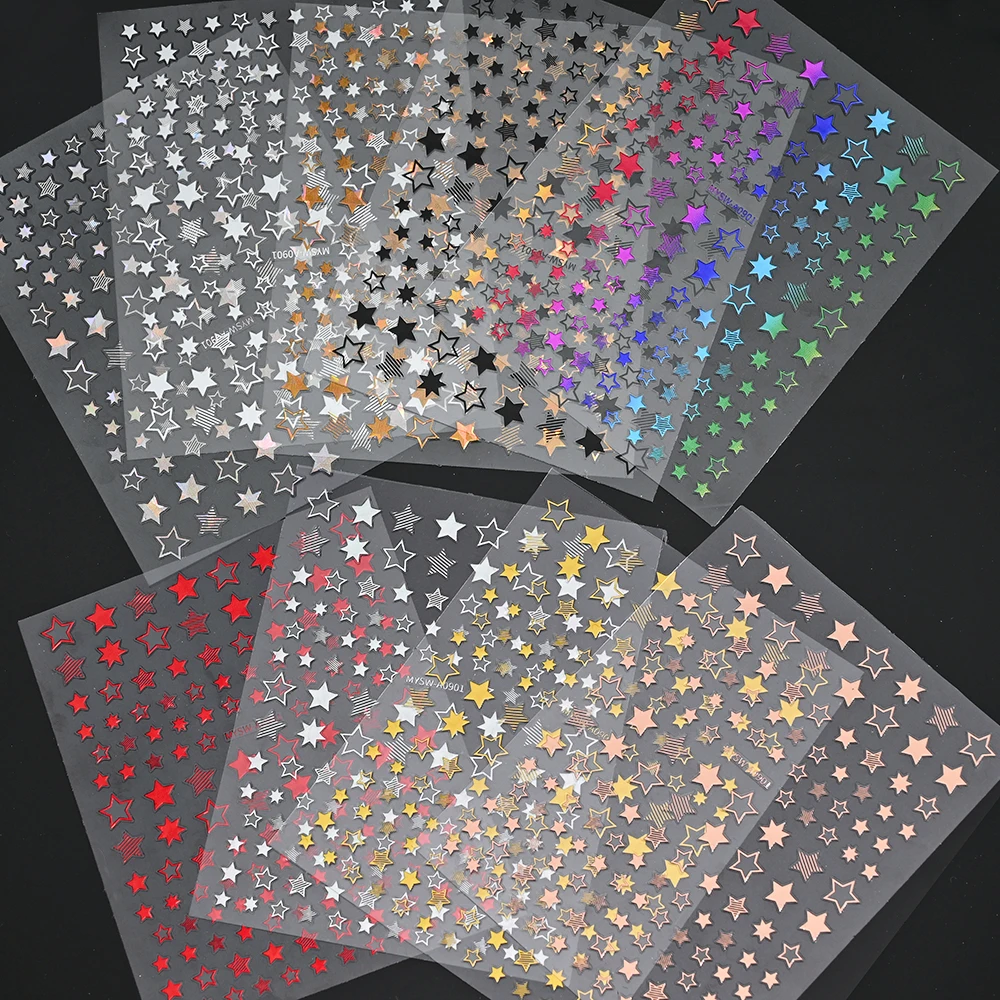 Set 3D Stars Nails Art Sticker Gold/Silver/Rose Gold Decals Self