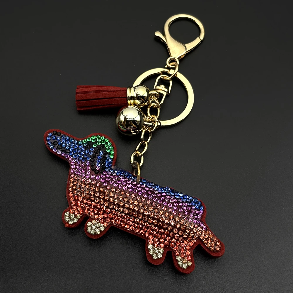 Kawaii Dackel Wurst Hund Schlüsselbund Frauen Männer Rot Farbe Kristall Quaste Niedlichen Welpen Schlüsselring Tasche Charme Schmuck llaveros mayoreo