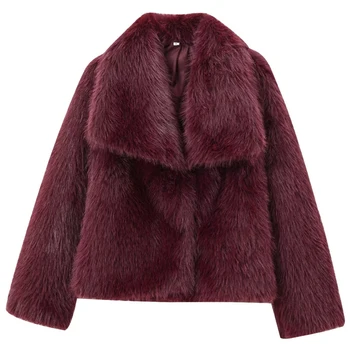 HXAO Women's Fur Coat Women 2024 Plush Burgundy Bomber Jacket Solid Crop Long Sleeve Jacket Warm Winter Coats Woman Casual Coats 2