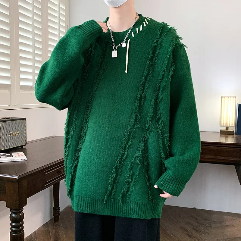 2023 Autumn Winter Diagonal Geometric Pattern Knitted Sweater Fashion Casual Men Bottom Shirt Solid Color Round Neck Pullover