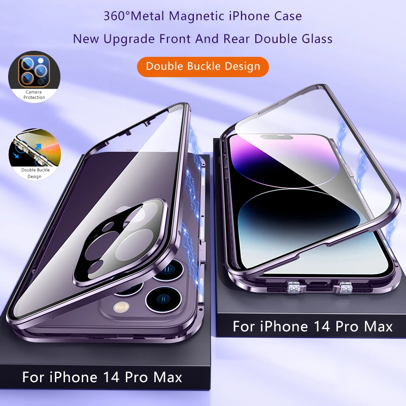 

Magnetic Adsorption Metal Snap Lock Case For iPhone 15 14 13 12 11 Pro Max Double Sided Glass 360 Full Camera Lens Protect Cover