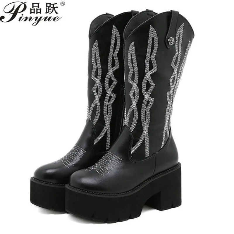

8.5cm Women High Boots Embroider Black Women Shoes Platform Western Riding Boots Women High Heel Chunky Motorcycle boots 35 43
