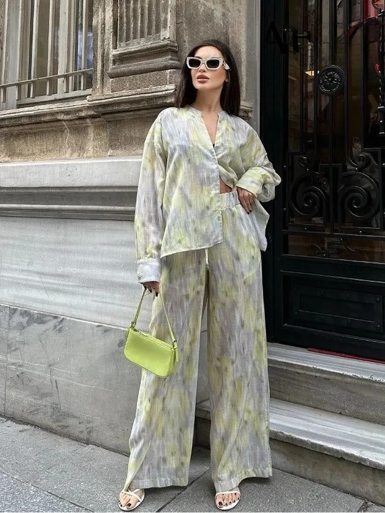 ZABA Women's Tie-Dye Printed Set Lapel Shirt Asymmetric Button Long Sleeve Shirt and Casual High-Waisted Loose Wide-Leg Trousers