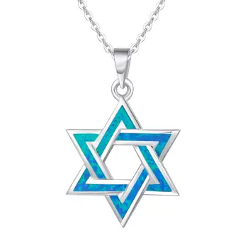 Star of David Blue Opal Chai Hebrew Jewish Pendant Necklace