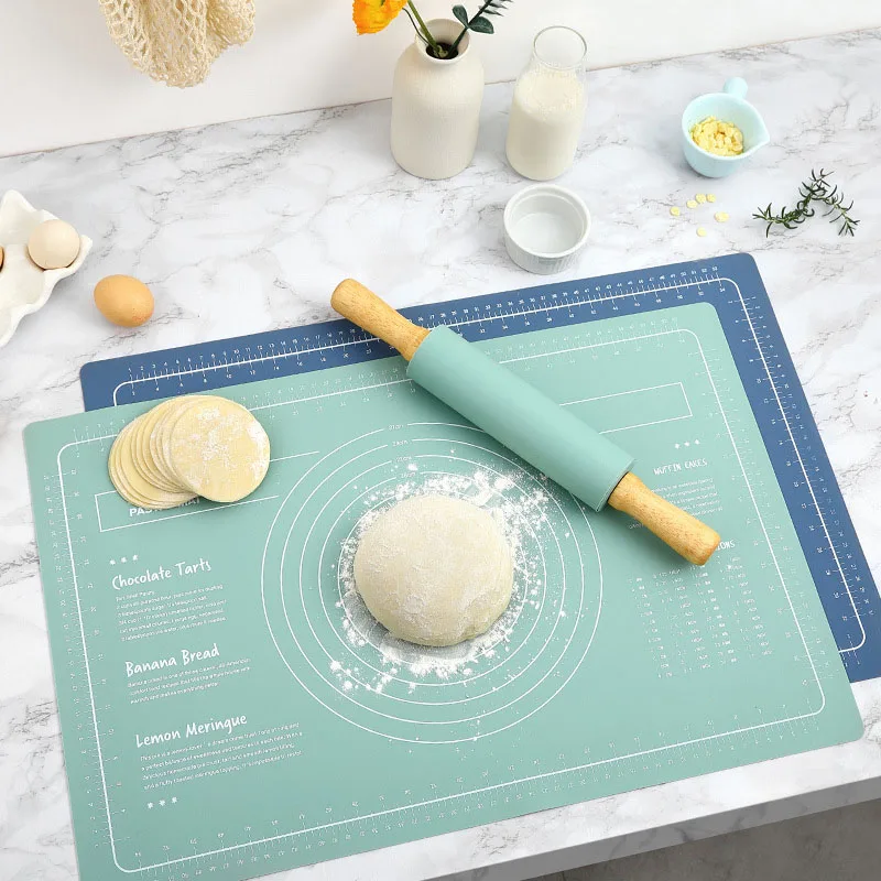 S02fb98df79004360b9ed2a49b0e62a8cl Thick Silicone Dough Mat and Non-Stick Rolling Pin Set - Perfect for Making Pizza, Pastry, Bread and Tortilla