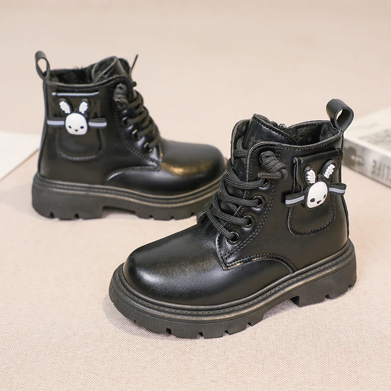 Girls Leather Ankle Boots Winter Kids Non Slip Cartoon Lining