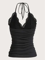 Goth Grunge Punk Black Lace Patchwork Halter Top Women Summer Solid Ruched Backless Sleeveless Tank Top Streetwear Y2K Clothes - Image 2