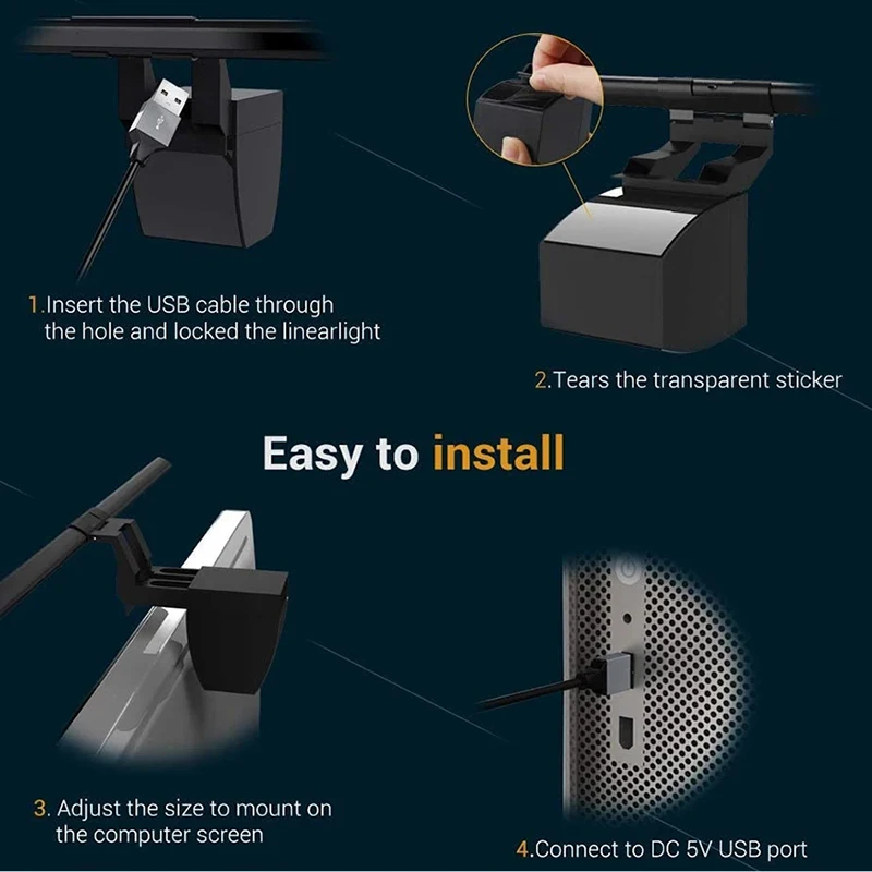 눈 관리를 위한 눈부심 없는 LED 작업 램프, USB 전원 컴퓨터 모니터 조명, 책상 공간 절약, 3 색 온도