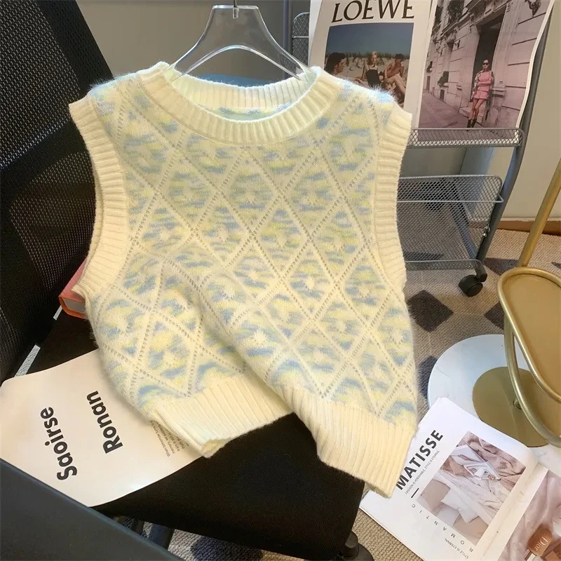 

Hdspq Korean Style Diamond Vest Women 2023 Autumn Winter Sleeveless Jumper Sweater Woman Knitted O Neck Pullovers Knitwear