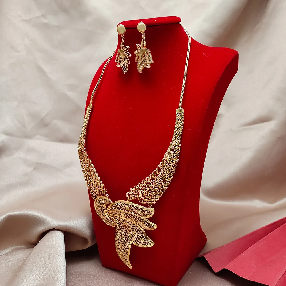 

24K Dubai Gold Color Jewelry Sets For Women African India Party Wedding Necklace Pendant Earrings Jewellery Set Engagement Gifts