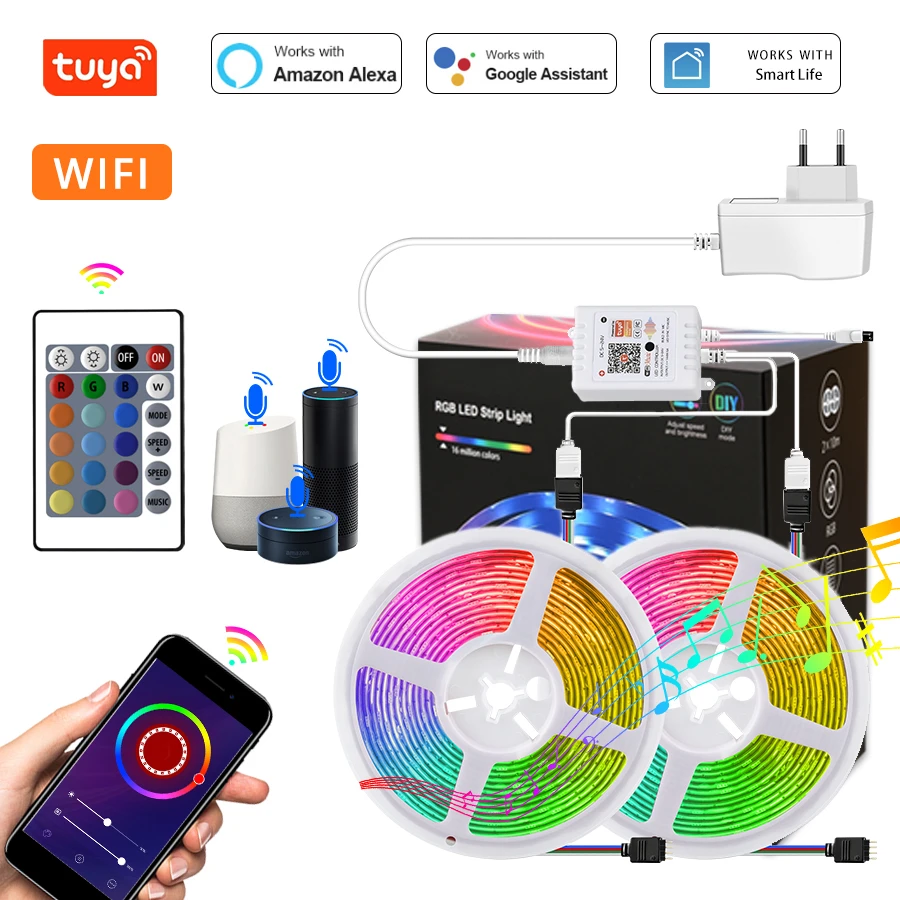 Tuya Smart LED Strip Light WiFi RGB 12V SMD 5050 5m 10m 15m 20m Work with  Alexa Google Assistant Voice Control for Bedroom Home|LED Strips| -  AliExpress