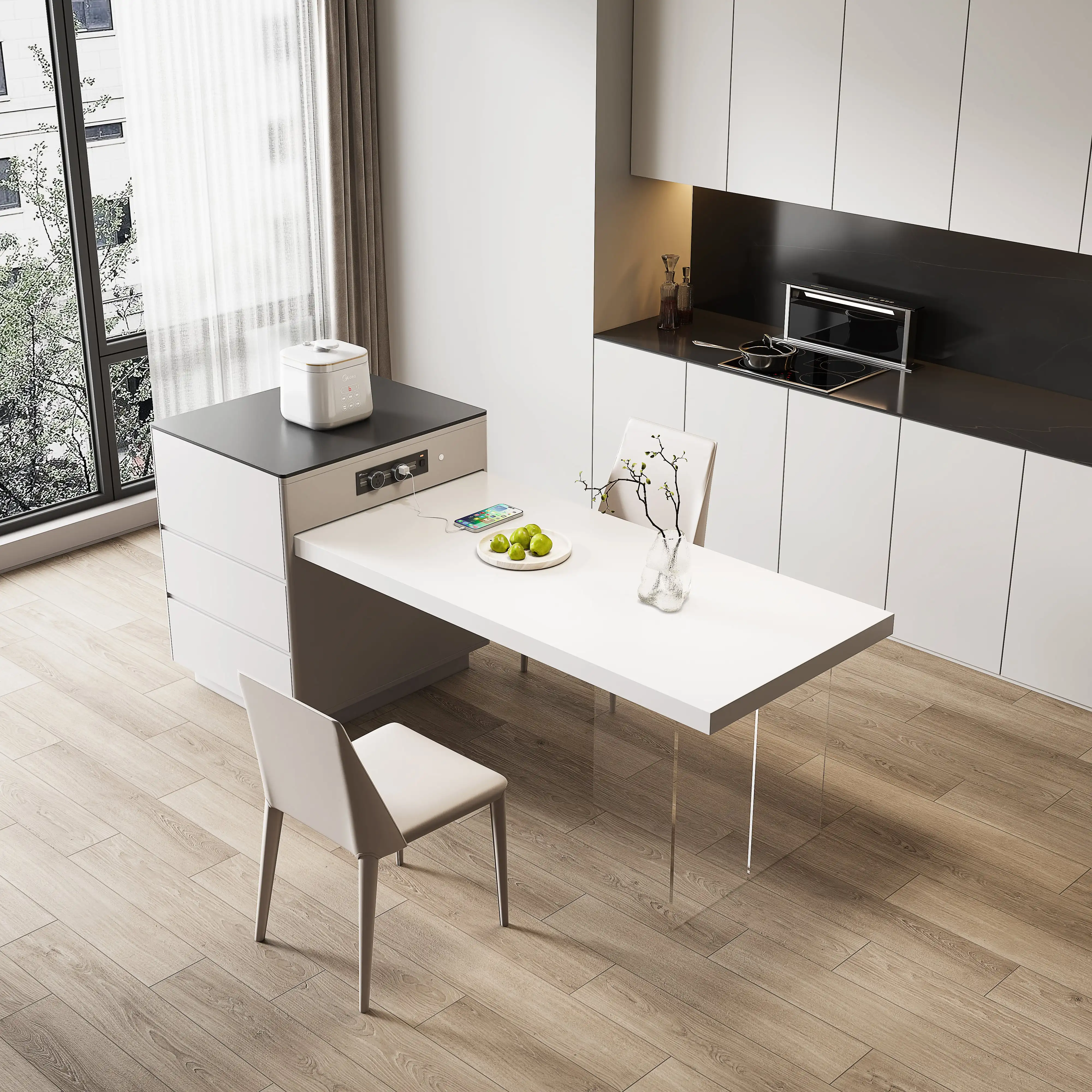 Kitchen Island with Extendable Dining Table Rolling Kitchen Storage Cart on Wheels with Spice Rack Cabinet for