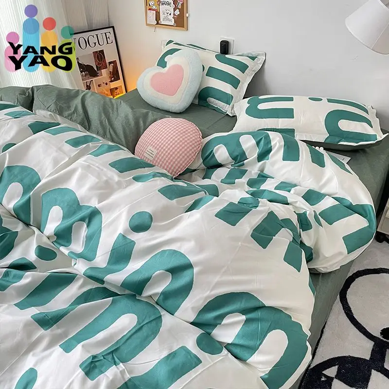 Korean Style Green Letter Bedding Set Twin Full Queen Size Bed Linen Girls Adult Bed Flat Sheet Pillowcase Kawaii Duvet Cover