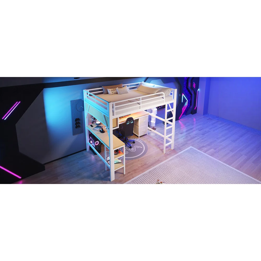 140 x 200 cm modernes Metall-Hochbett für Spiele mit Bücherregal, Kinder-Etagenbett mit Schreibtisch und Kleiderschrank, USB- und LED-Beleuchtung, weiß – Detail 7