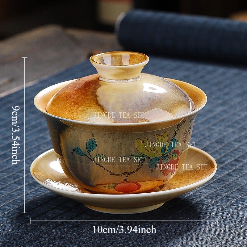140ml Hand Drawn Three Talent Bowl Lid Ceramic Landscape Chinese Style Tea Bowl Chinese Household Underglaze Colored Tea Bowl