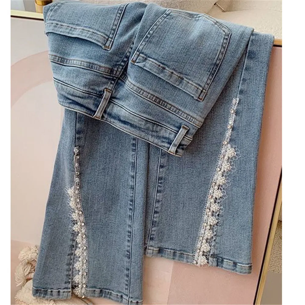 

Популярные узкие эластичные модные женские джинсы с разрезом и бриллиантами, Новинка весна-лето 2024, облегающие универсальные расклешенные брюки с высокой талией