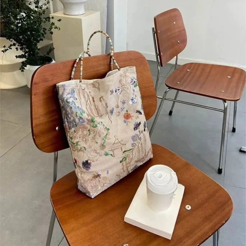 Floral Embroidery Canvas Handbag Women Large Capacity Sequined Embroidery Shoulder Bag Ladies Landscape Pattern Elegant Tote Bag