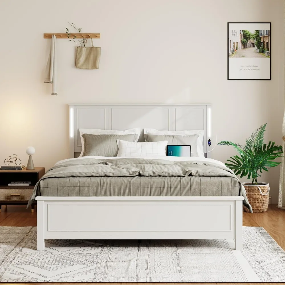 bedstead. White Wooden Bed Frame Queen Size with Headboard, Platform Bedframe with Charging Station Led Lights84"L x 61"W x 43"H 3