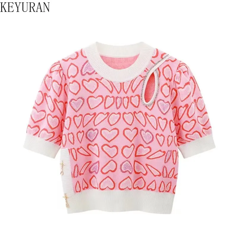 

2023 Summer New Hollow Out Heart Contrast Color Short Sleeve Sweater Women's Knitted T-shirt Fashion Pullover Thin Knitwear Tops