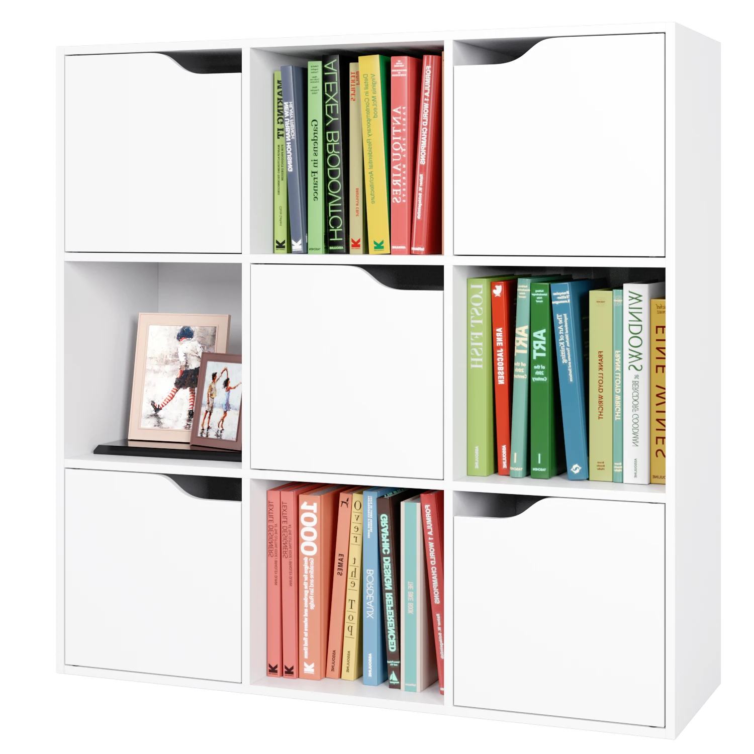 Getone Bookcase, White Bookcase, 9 Cube Storage Unit, Wooden Bookshelf with 5 Doors for Living Room, 90x29x90 cm