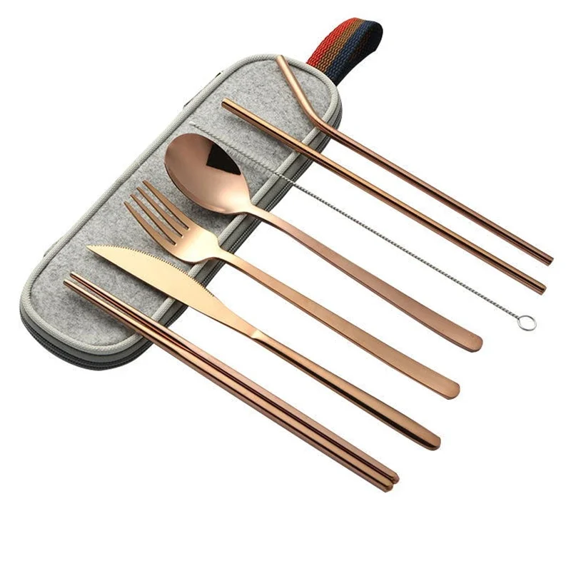 7PCS/Set Cutlery Spoon Fork Chopsticks Juice Straw Lunch Tableware With Bag Brush Stainless Steel Dinnerware Kitchen Accessories picnic cutlery set western style cutlery set picnic tableware camping cutlery set stainless steel cutlery set cutlery set wooden cutlery set ceramic dinnerware set