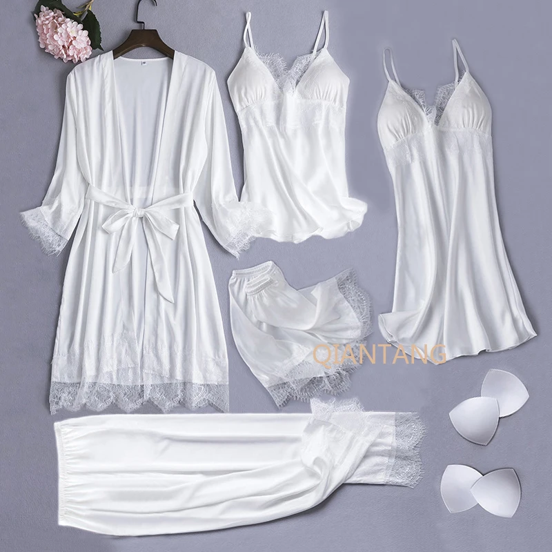 Tanio Biały zestaw jedwabnych piżam kobiet 5 sztuk ślub panny