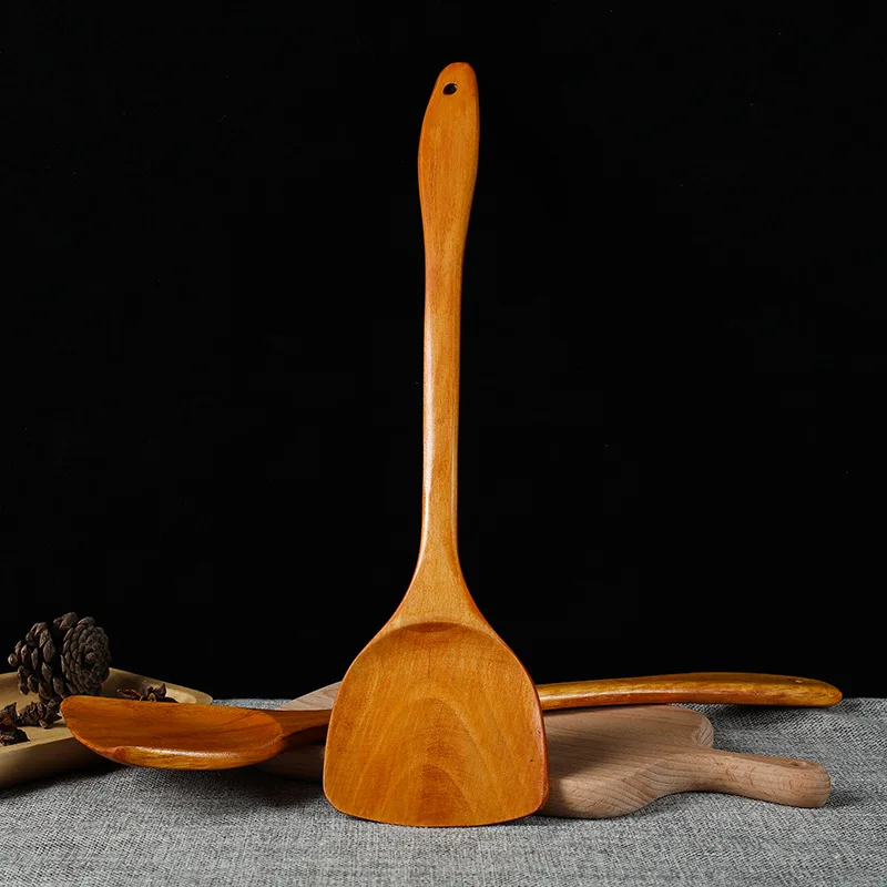 Bamboo and Wood Spatula 39cm Non Stick Pots Smokeless Pot Long Handled Wooden Shovel Kitchen Cooking Gadgets Spatula, pancake spatula